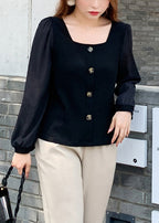 Stylish Black Square Collar Patchwork Knitting Cotton Top Fall