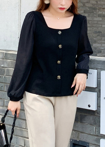 Stylish Black Square Collar Patchwork Knitting Cotton Top Fall