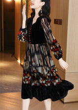 Load image into Gallery viewer, Stylish Black V Neck Patchwork Print Exra Large Hem Silk Velour Dress Spring