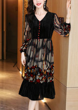 Load image into Gallery viewer, Stylish Black V Neck Patchwork Print Exra Large Hem Silk Velour Dress Spring