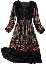 Load image into Gallery viewer, Stylish Black V Neck Patchwork Print Exra Large Hem Silk Velour Dress Spring