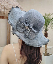 Load image into Gallery viewer, Stylish Blue Floral Nail Bead Linen Floppy Sun Hat