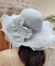 Load image into Gallery viewer, Stylish Blue Floral Nail Bead Linen Floppy Sun Hat