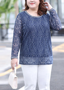 Stylish Blue O-Neck Lace Top Long Sleeve