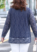 Stylish Blue O-Neck Lace Top Long Sleeve