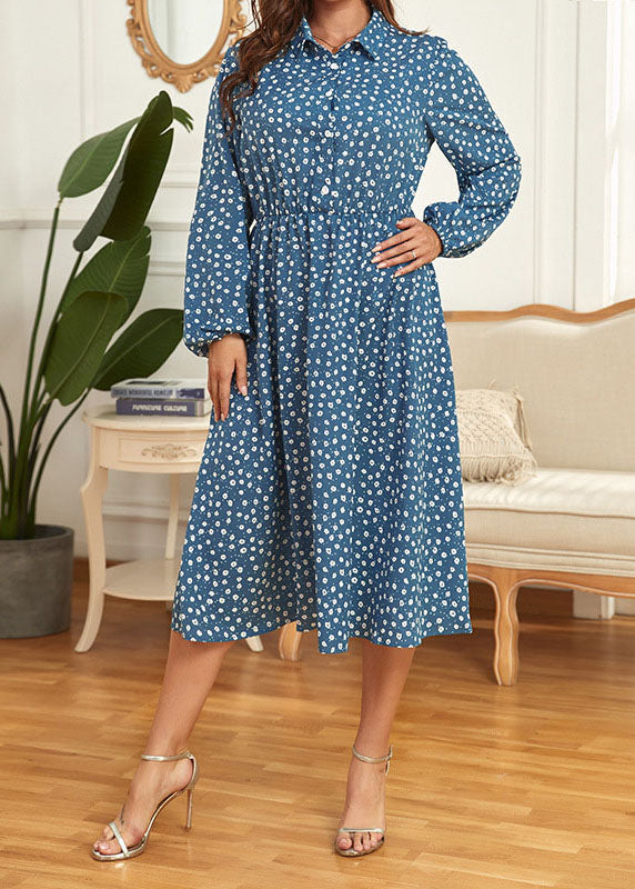 Stylish Blue Peter Pan Collar Print Patchwork Chiffon Shirts Dress Fall