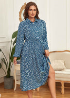 Stylish Blue Peter Pan Collar Print Patchwork Chiffon Shirts Dress Fall