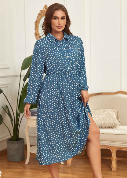 Stylish Blue Peter Pan Collar Print Patchwork Chiffon Shirts Dress Fall