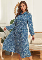 Stylish Blue Peter Pan Collar Print Patchwork Chiffon Shirts Dress Fall
