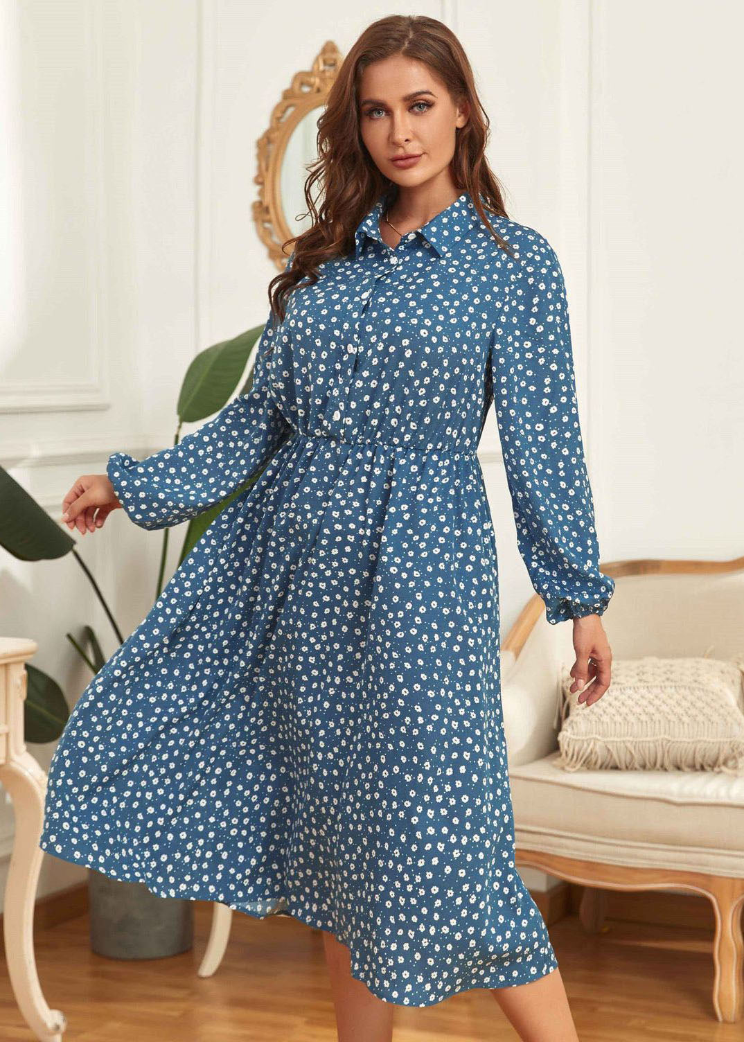 Stylish Blue Peter Pan Collar Print Patchwork Chiffon Shirts Dress Fall