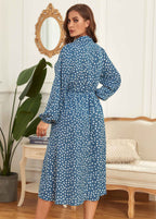 Stylish Blue Peter Pan Collar Print Patchwork Chiffon Shirts Dress Fall