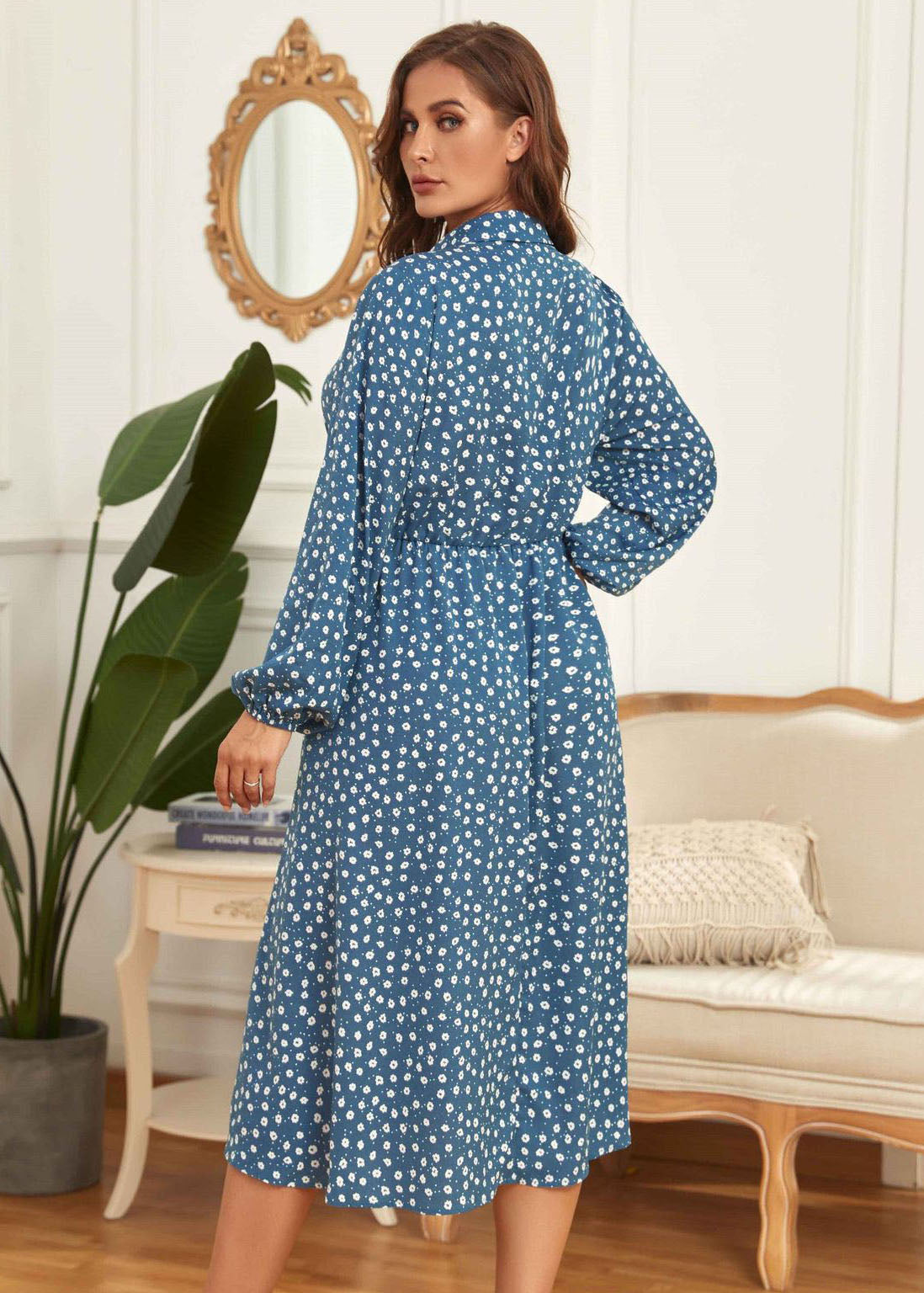 Stylish Blue Peter Pan Collar Print Patchwork Chiffon Shirts Dress Fall