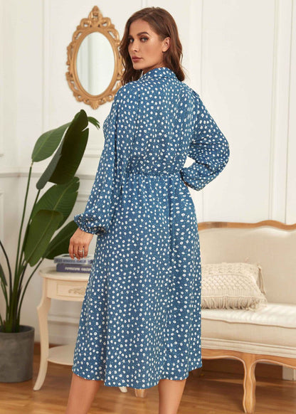 Stylish Blue Peter Pan Collar Print Patchwork Chiffon Shirts Dress Fall