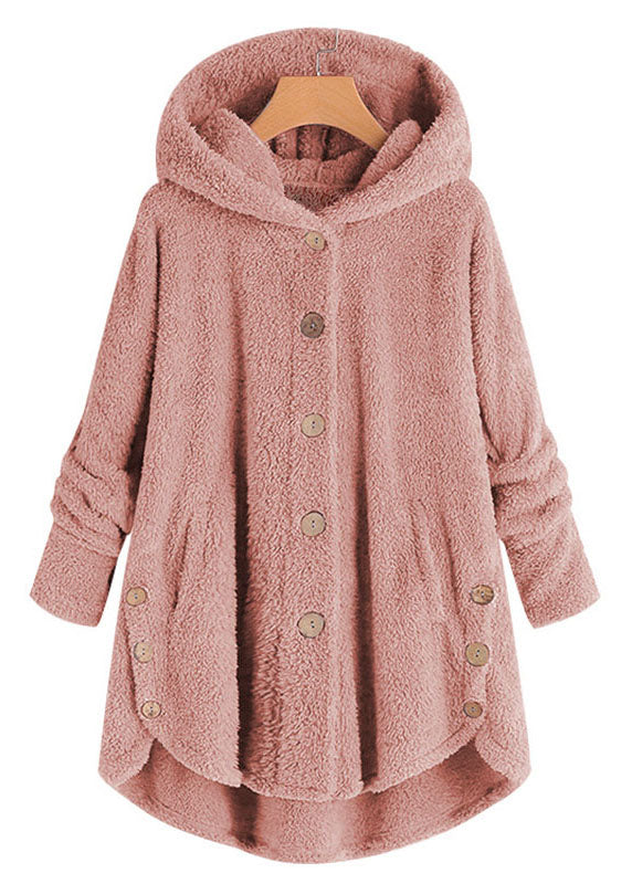 Stylish Brown Hooded Button Low High Design Patchwork Teddy Faux Fur Coats Fall