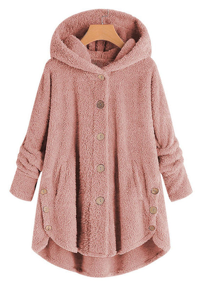 Stylish Brown Hooded Button Low High Design Patchwork Teddy Faux Fur Coats Fall