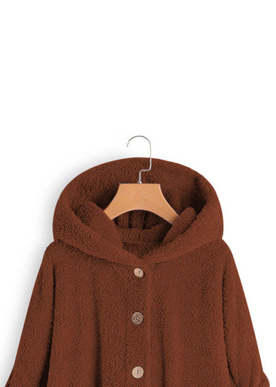 Stylish Brown Hooded Button Low High Design Patchwork Teddy Faux Fur Coats Fall