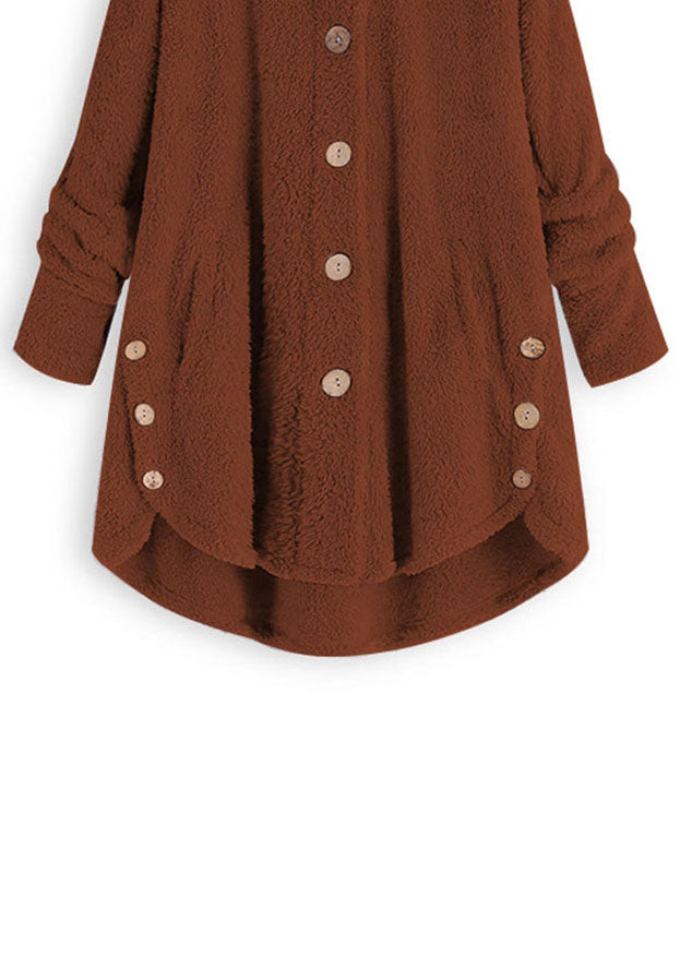 Stylish Brown Hooded Button Low High Design Patchwork Teddy Faux Fur Coats Fall