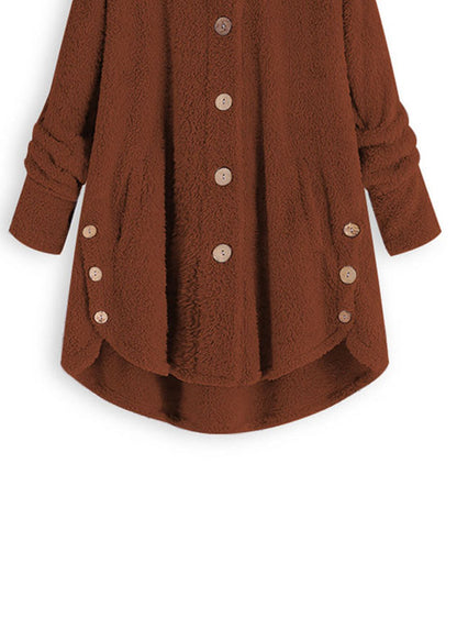 Stylish Brown Hooded Button Low High Design Patchwork Teddy Faux Fur Coats Fall