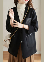 Stylish Camel V Neck Patchwork Button Wool Blend Coats Fall
