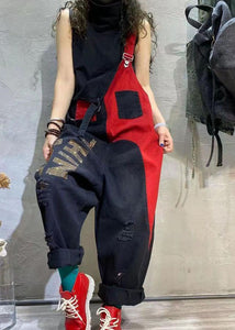 Stylish Colorblock Ripped Denim Spaghetti Strap Jumpsuits Summer