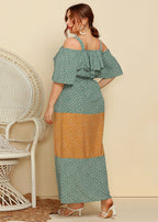 Stylish Green V Neck Print Ruffled Patchwork Cotton Maxi Dresses Summer
