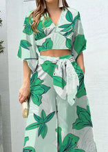 Load image into Gallery viewer, Stylish Green V Neck Print Tops And Wide Leg Pants Cotton Two Pieces Set Summer