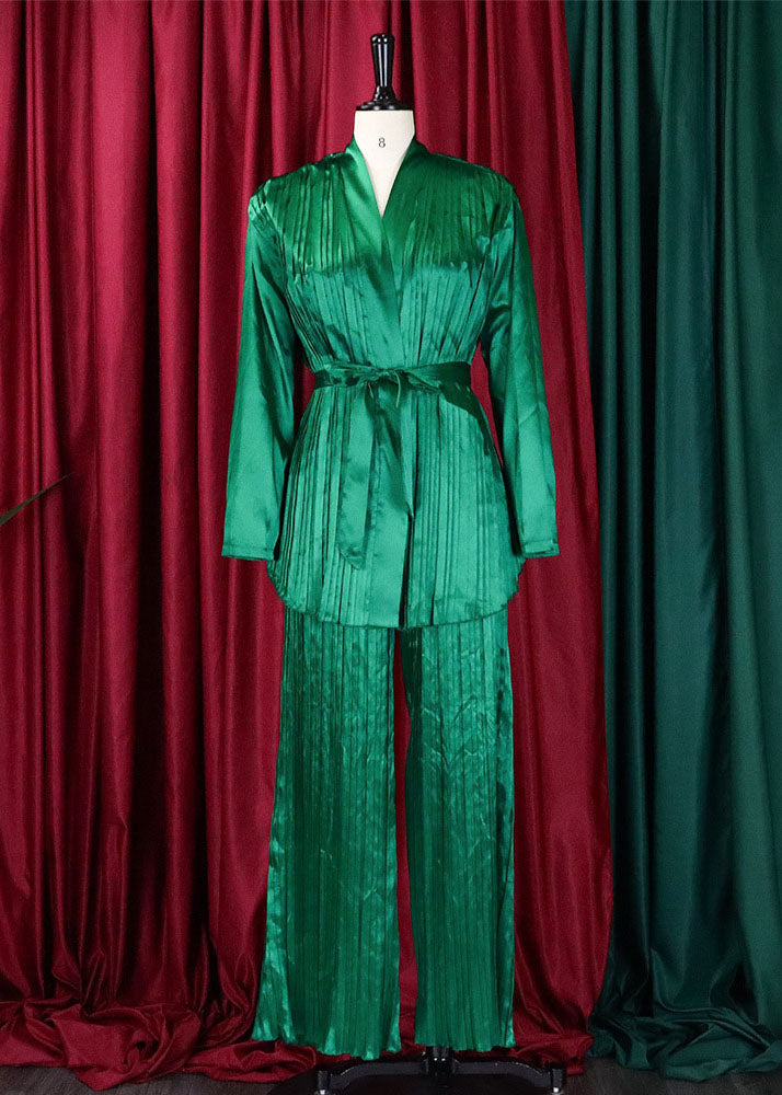Stylish Green Wrinkled Tie Waist Chiffon Shirts And Pants Two Pieces Set Fall