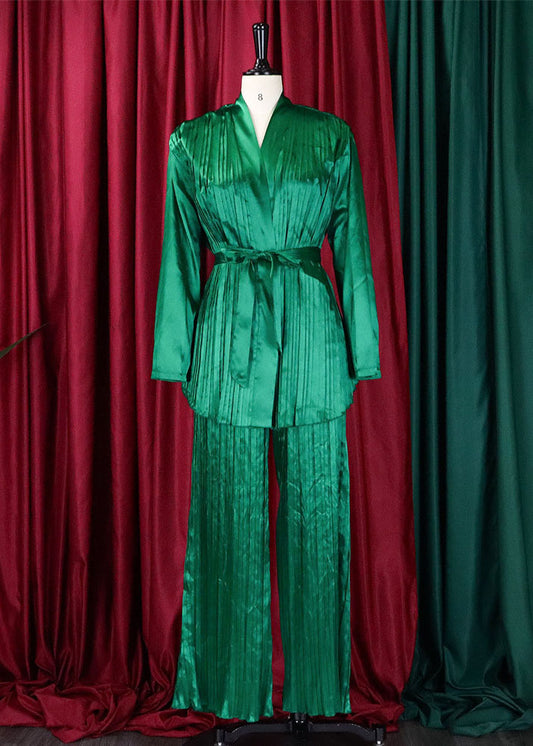 Stylish Green Wrinkled Tie Waist Chiffon Shirts And Pants Two Pieces Set Fall