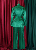 Stylish Green Wrinkled Tie Waist Chiffon Shirts And Pants Two Pieces Set Fall