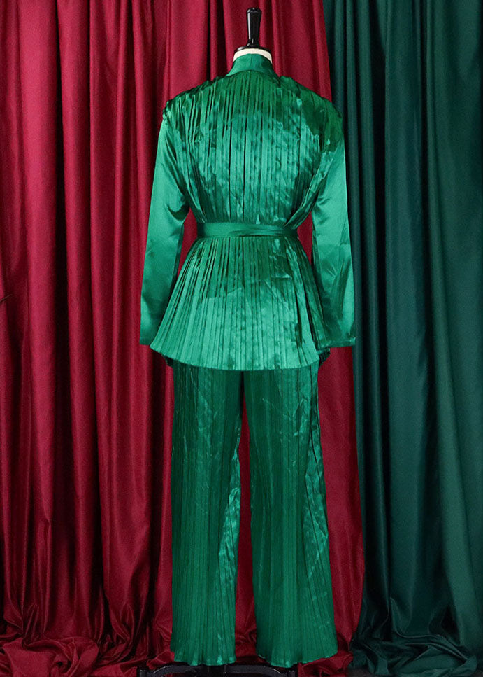 Stylish Green Wrinkled Tie Waist Chiffon Shirts And Pants Two Pieces Set Fall