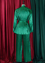 Load image into Gallery viewer, Stylish Green Wrinkled Tie Waist Chiffon Shirts And Pants Two Pieces Set Fall
