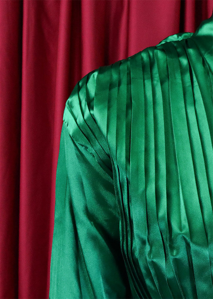 Stylish Green Wrinkled Tie Waist Chiffon Shirts And Pants Two Pieces Set Fall