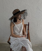 Stylish Khaki Patchwork Tulle Veil Straw Woven Floppy Sun Hat