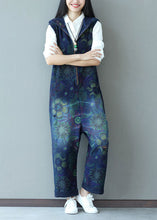 Load image into Gallery viewer, Stylish Navy Zippered Hooded Print Denim Jumpsuits Spring