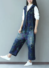 Load image into Gallery viewer, Stylish Navy Zippered Hooded Print Denim Jumpsuits Spring