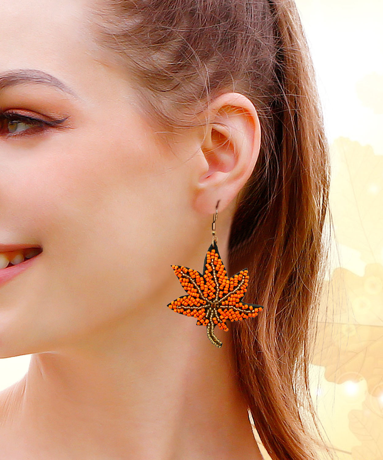 Stylish Orange Copper Hand Woven Rice Ball Maple Leaves Drop Earrings