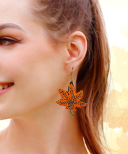 Stylish Orange Copper Hand Woven Rice Ball Maple Leaves Drop Earrings