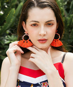 Stylish Orange Cotton Thread Tassel Drop Earrings