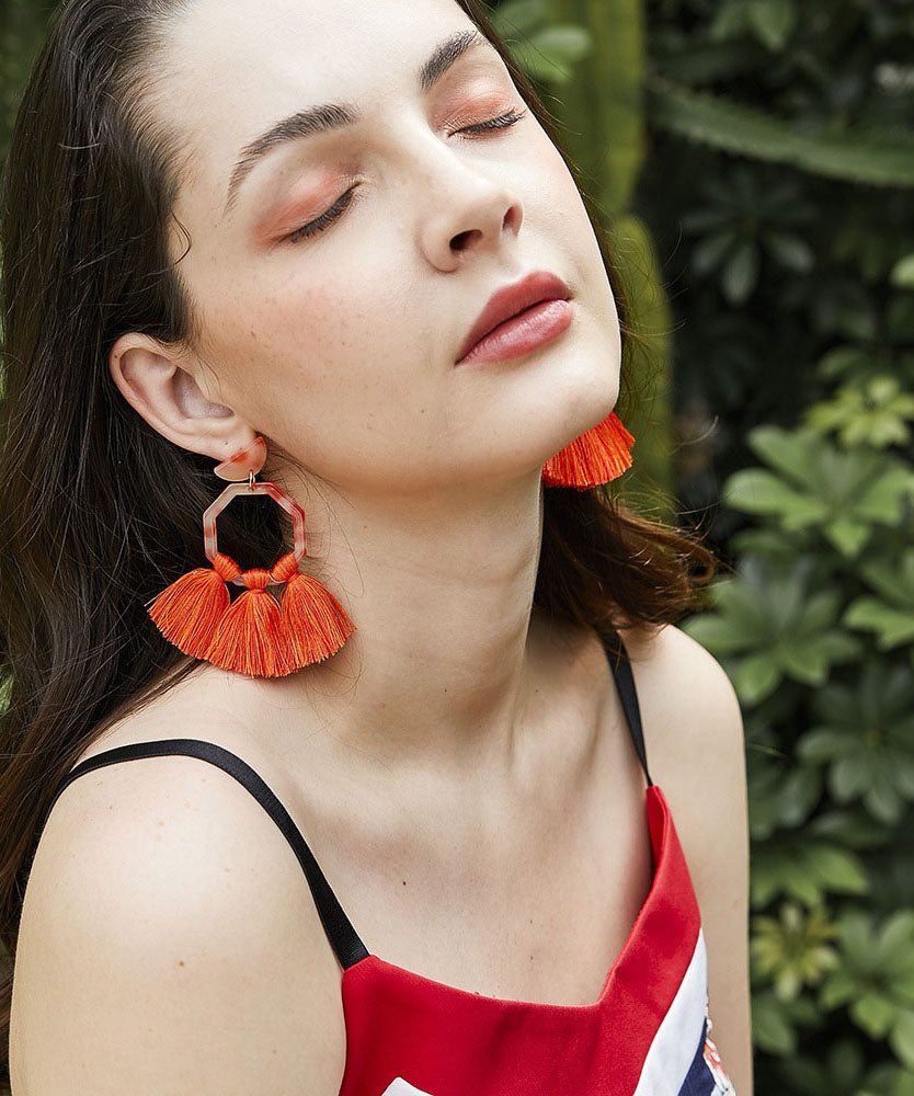 Stylish Orange Cotton Thread Tassel Drop Earrings