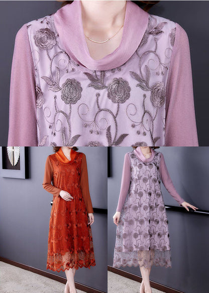 Stylish Orange Turtle Neck Embroideried Tulle Vacation Dresses Spring