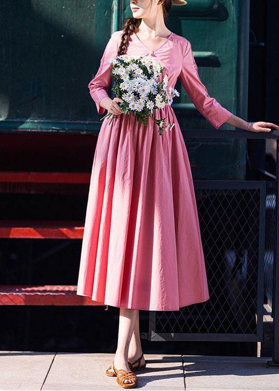 Stylish Pink Button V Neck Mid Summer Cotton Dress