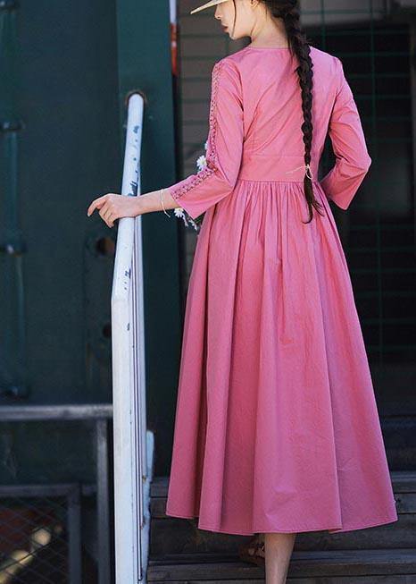 Stylish Pink Button V Neck Mid Summer Cotton Dress