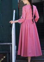 Stylish Pink Button V Neck Mid Summer Cotton Dress