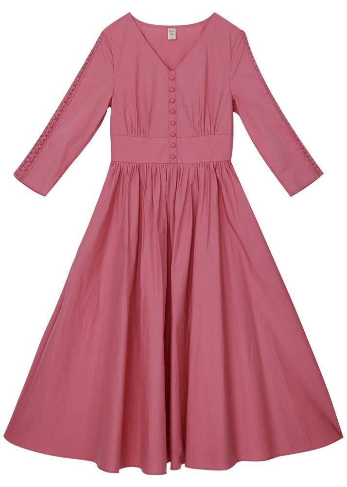 Stylish Pink Button V Neck Mid Summer Cotton Dress
