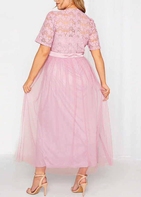 Stylish Pink O Neck Lace Patchwork Tulle Maxi Dresses Short Sleeve