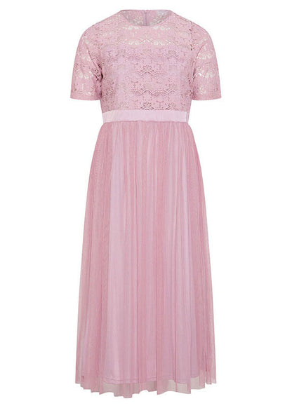 Stylish Pink O Neck Lace Patchwork Tulle Maxi Dresses Short Sleeve