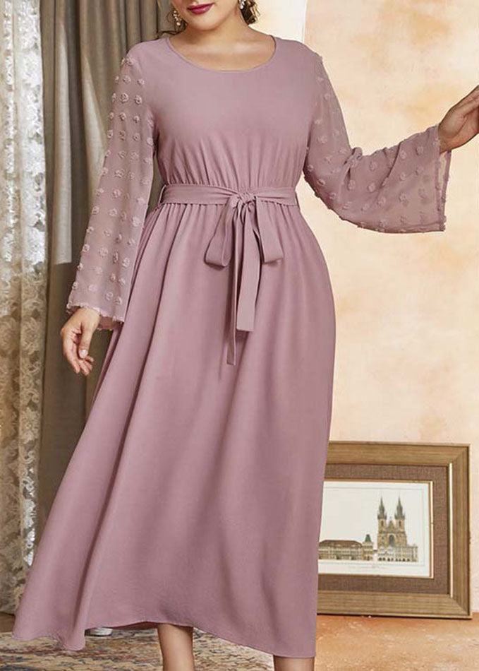 Stylish Pink O-Neck Tulle Patchwork Elastic Waist Solid Holiday Chiffon Maxi Dress Fall