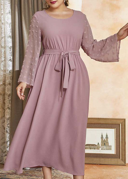 Stylish Pink O-Neck Tulle Patchwork Elastic Waist Solid Holiday Chiffon Maxi Dress Fall