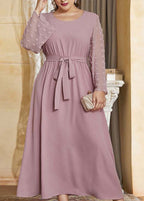 Stylish Pink O-Neck Tulle Patchwork Elastic Waist Solid Holiday Chiffon Maxi Dress Fall