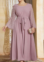 Stylish Pink O-Neck Tulle Patchwork Elastic Waist Solid Holiday Chiffon Maxi Dress Fall